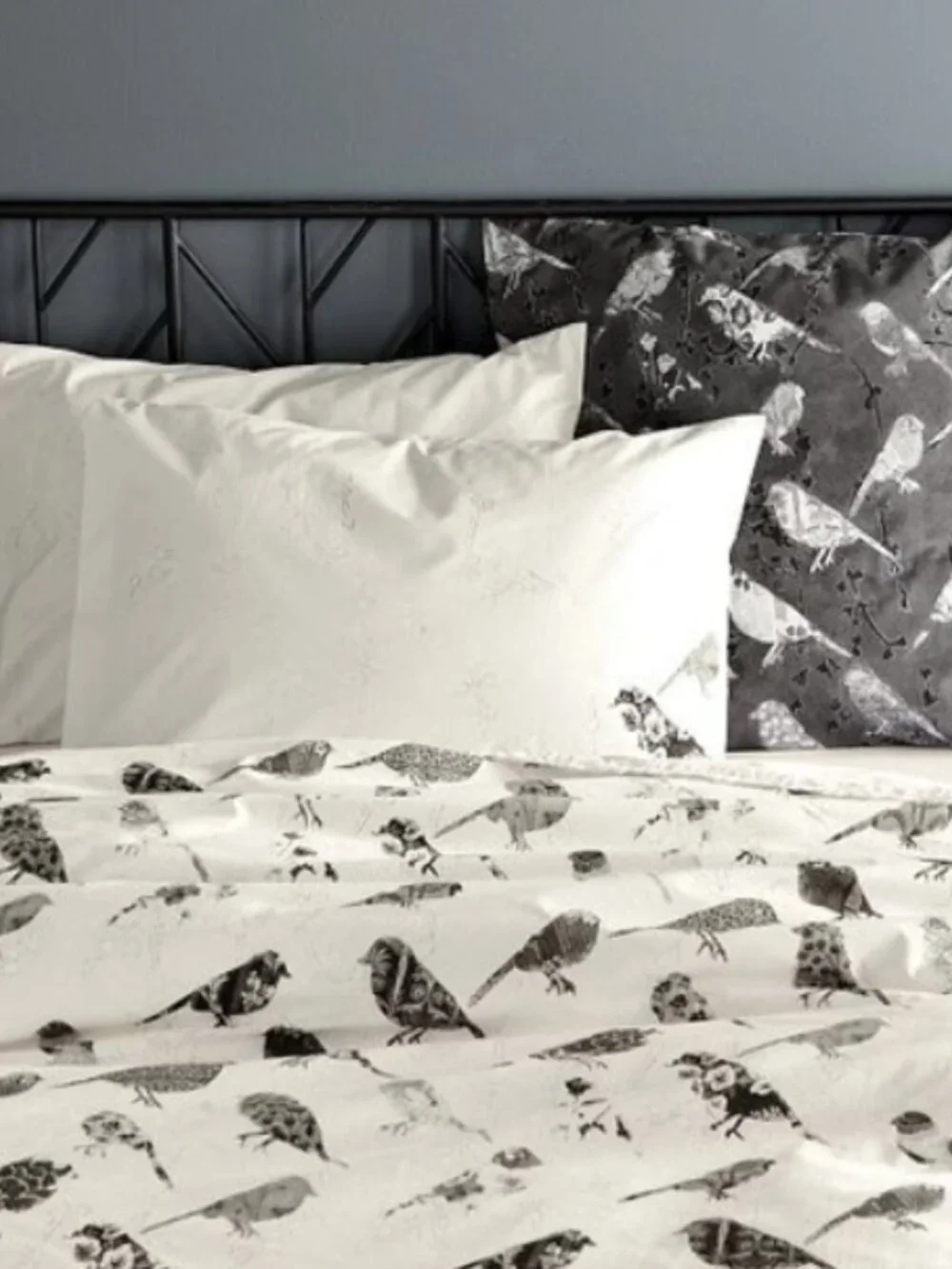 West Elm Organic Cotton Bird Collage Block Print Duvet Cover Double Sided F/Q